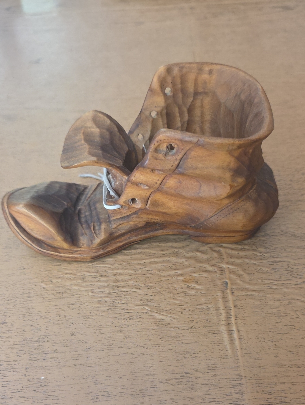 Vintage Hand-Carved Wooden Boot Planter - Warm Brown